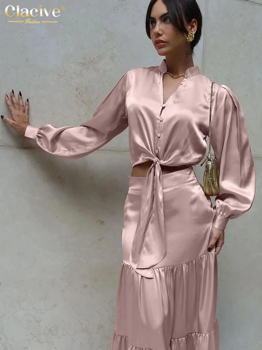 Clacive Fashion Loose Pink Satin 2 Piece Sets Women Outfit Elegant Long Sleeve Crop Shirt With High Waist Long Skirt Set Female