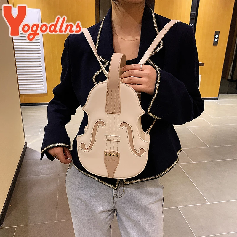 Yogodlns Violin Shape PU Leather Small Backpacks Women Creative Violin Female Crossbody Bag Sewing Thread Ladies Shoulder Bag