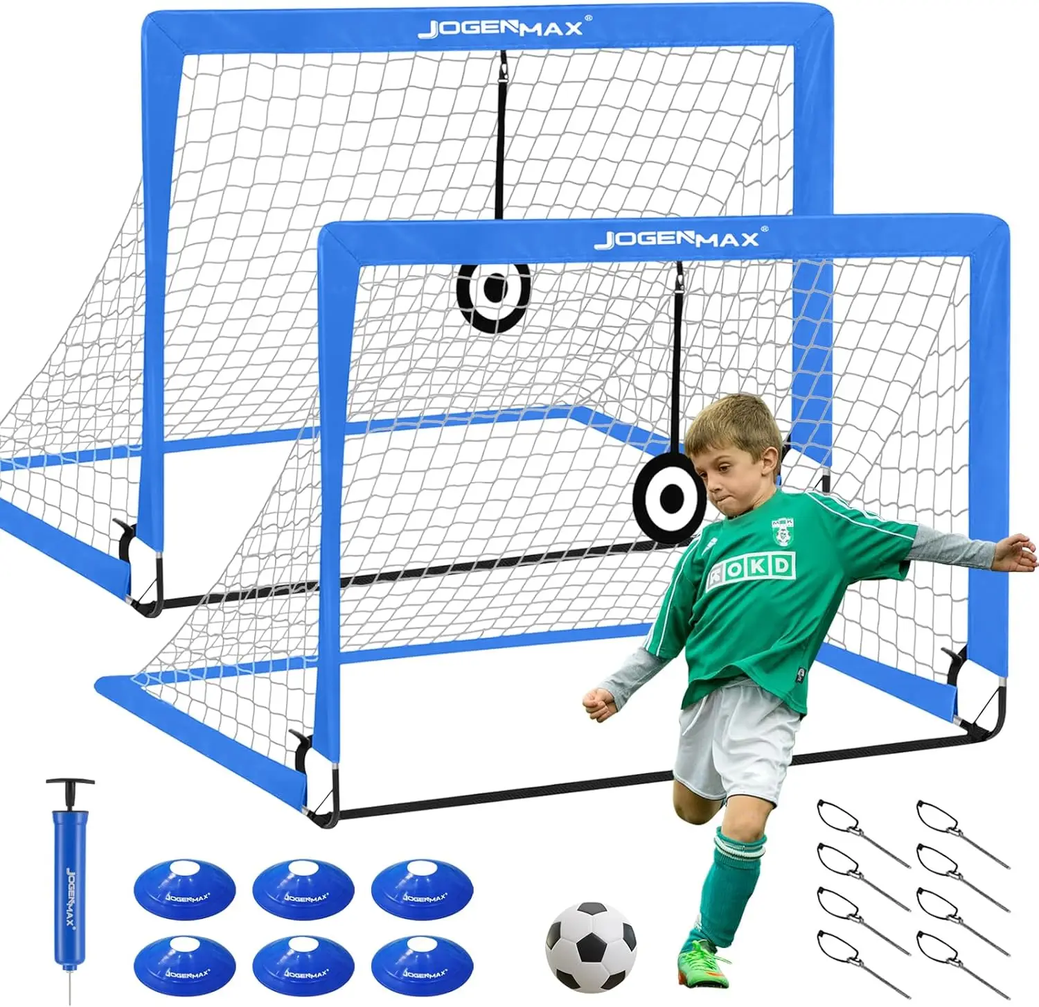 Porta de fútbol emergente plegable portátil, equipo de entrenamiento ligero para interiores y exteriores con 2 objetivos y 6 conos de obstáculos