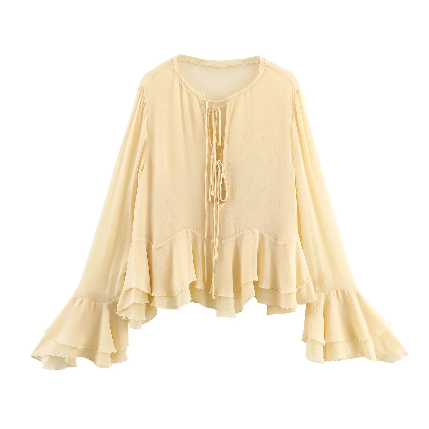 Stile europeo e americano 2025 autunno nuova moda femminile girocollo legato camicia decorativa a strati con maniche svasate larghe