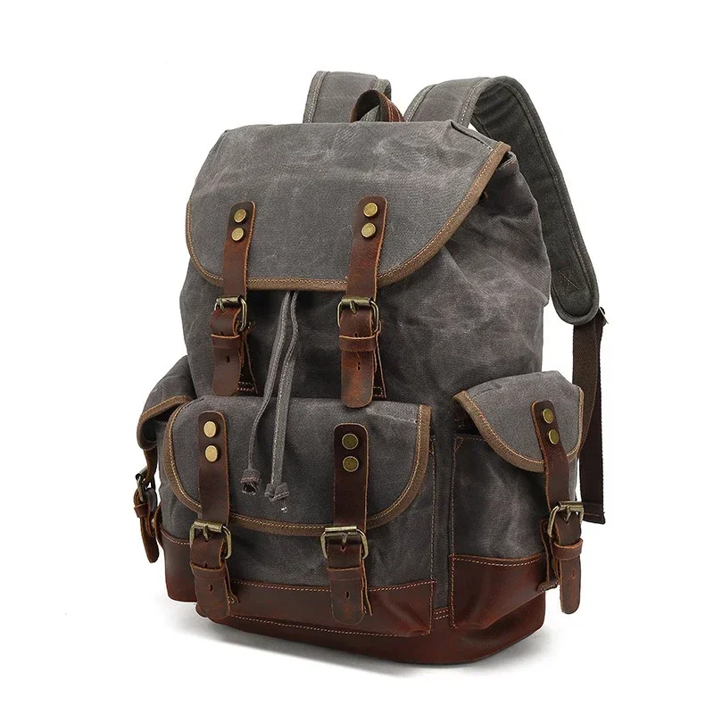 Men's Waxed Canvas Backpack Outdoor Shoulder Casual Student Bag Large Capacity Travel Backpack Canvas Leather Climbing Backpack