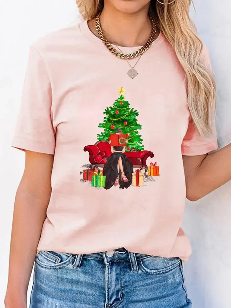 Lovely Watercolor Trend Cute Tee Clothes Top Print T Shirt Christmas Women New Year Short Sleeve Fashion Basic Graphic T-shirts