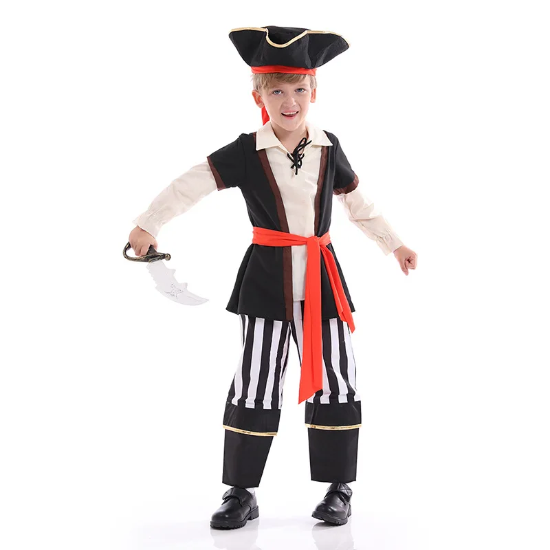 Caribbean Halloween red pirate Cosplay Black Suit Costumes Carnival Party for kid Ocean Captain