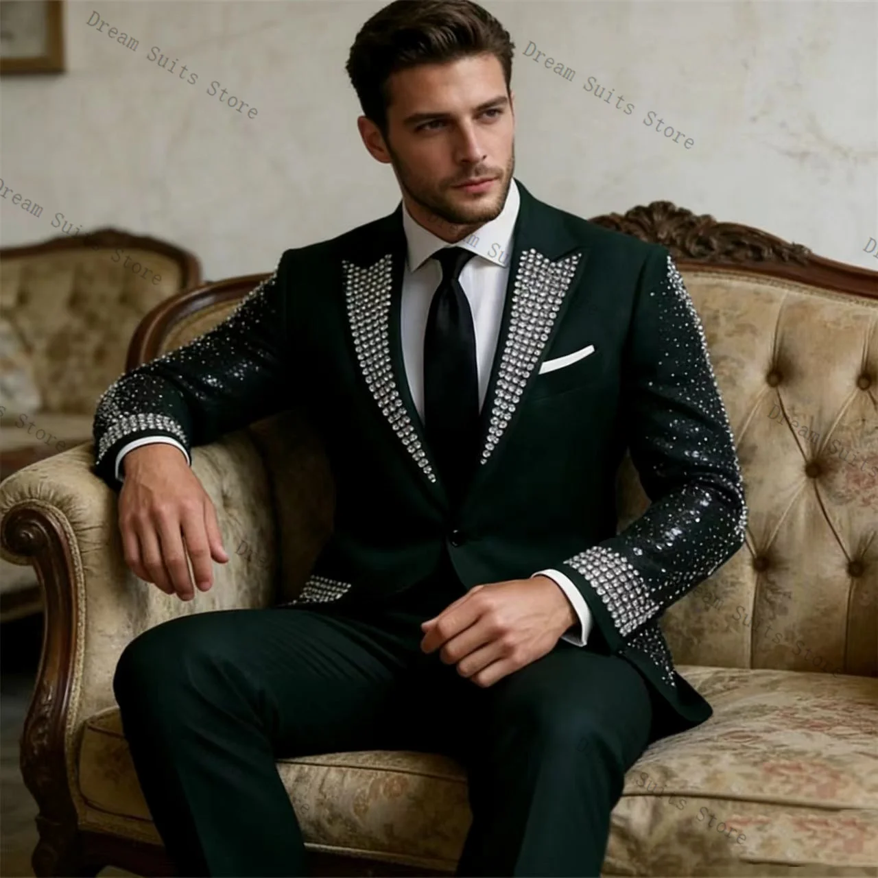 

Crystals Men Suit Set 2 Pcs Green Blazer+Pants Trousers Customized Spring Cotton Formal Office Jacket Wedding Tuxedos Prom Coat