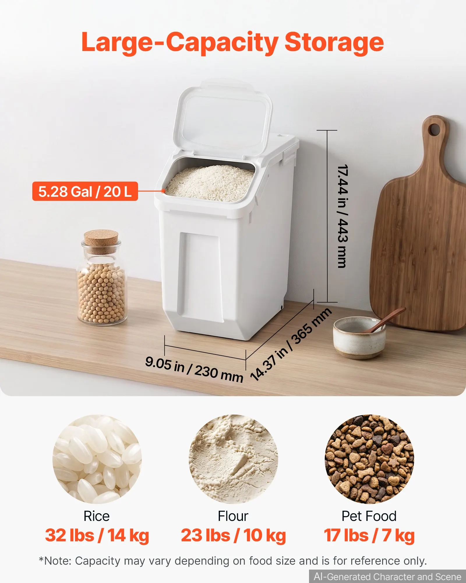 Rice Storage Container 32 lbs/5.28 Gallons Dog Food Dispenser Bin, 20L Large Grain Cereal Flour Ingredient Storage Bin, Pet Food Container with Measuring Cup, Airtight Lid, Designed for Kitchen Pantry