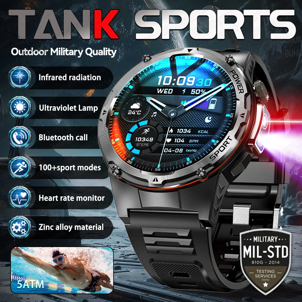 

Новые спортивные умные часы Tank Sports с УФ-излучением 365 нм и инфракрасным излучением, водонепроницаемые до 5 АТМ, с экраном 1,39 дюйма, Bluetooth, функцией звонков, NFC, для занятий спортом на открытом воздухе, фитнеса и здоровья, для мужчин