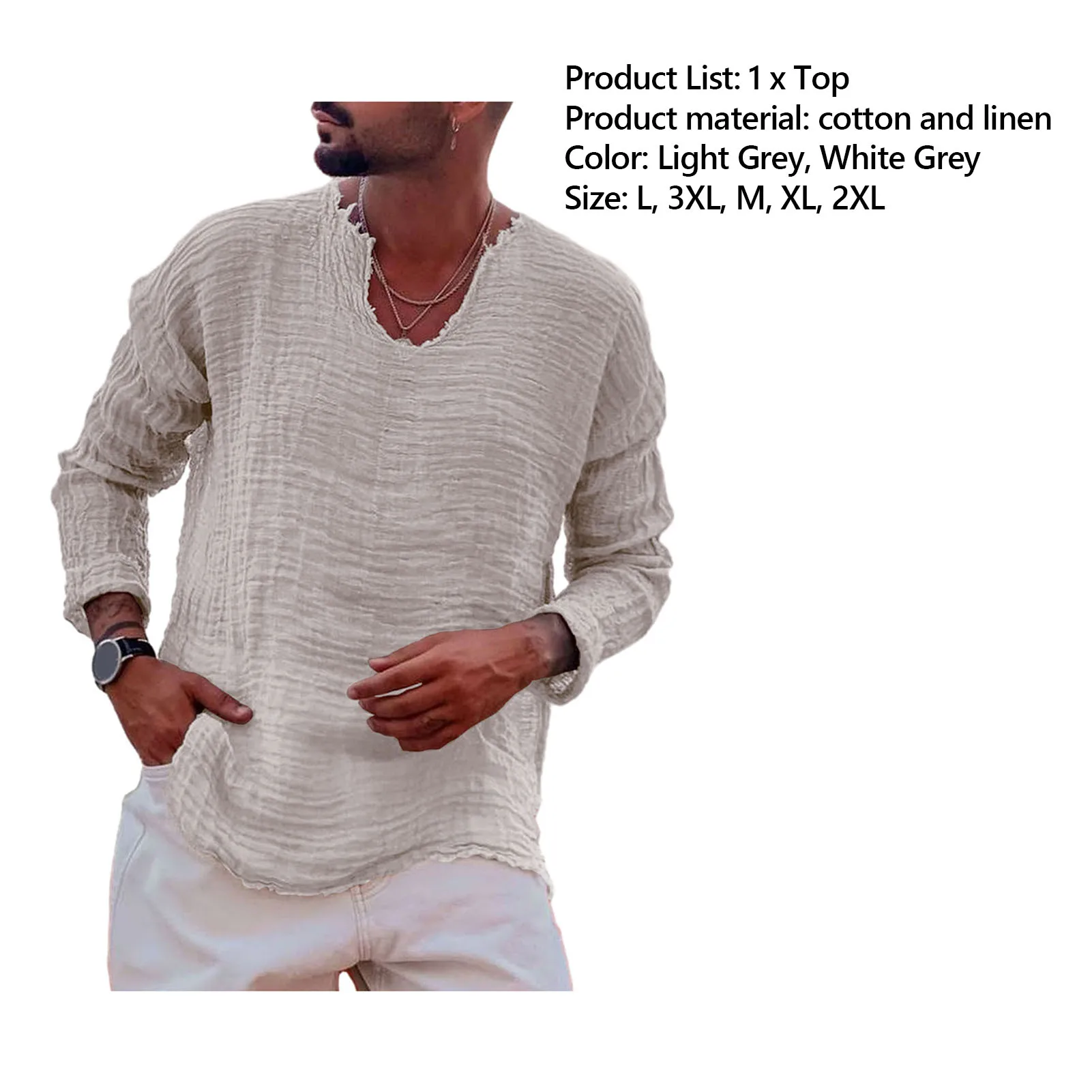 Men Burr Edge Collar Shirt V-neck Casual Shirt Stylish Men\'s V-neck Pullover Tops Loose Fit Pleated Design Solid for Casual