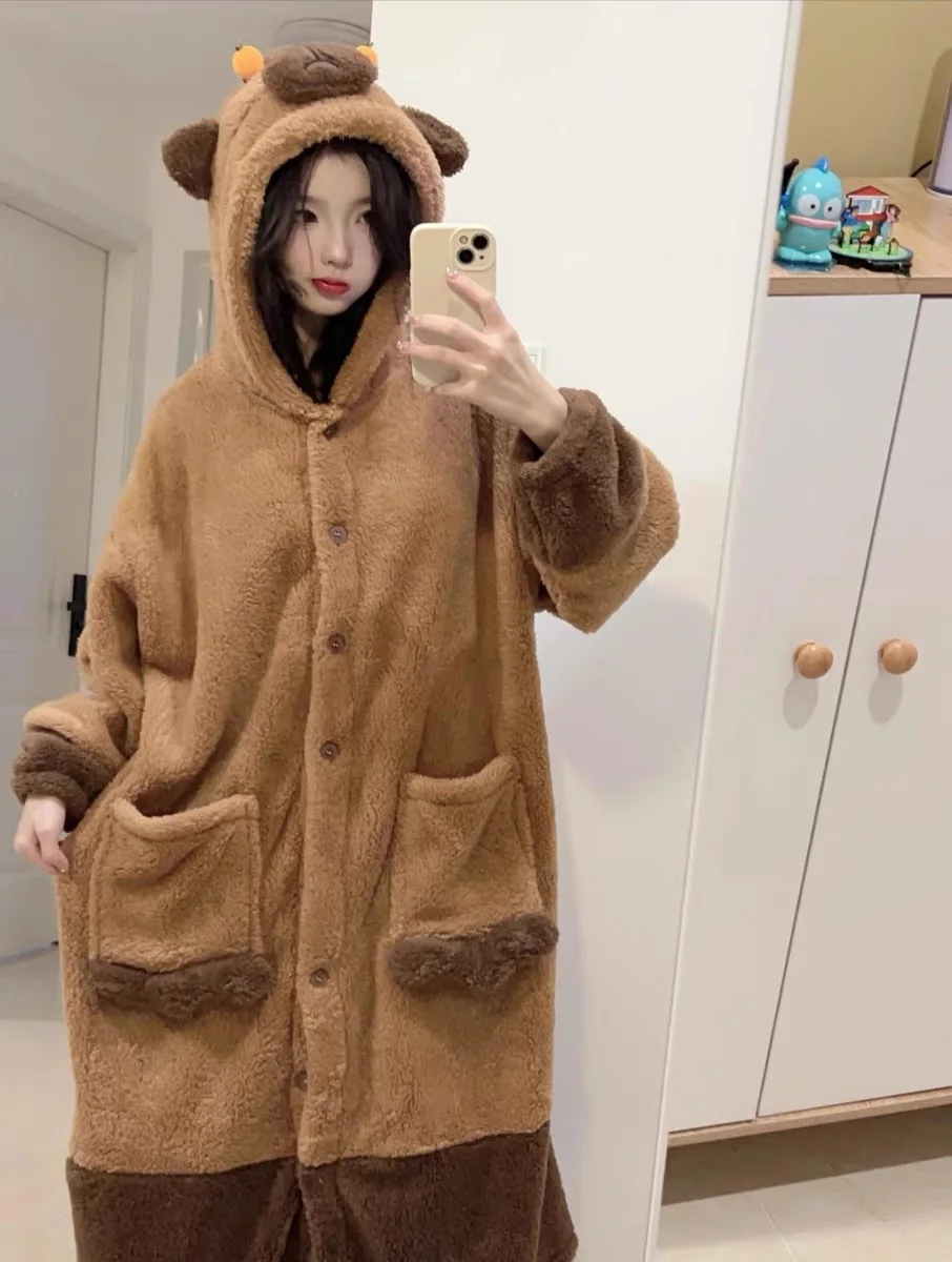 Cute Capybara Winter Pajama Cartoon Animal Soft Plush Jumpsuit For Adults Kawaii Velvet Pajama Night Robe Cosplay Suit Gift