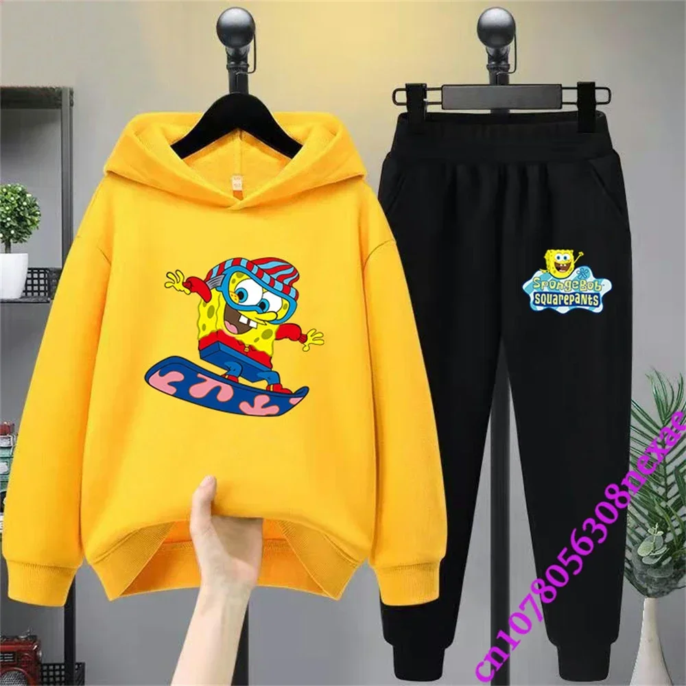 Spongebob Spring And Autumn Children's Clothing Boys And Girls Sweater Suit 2 Pieces Cartoon Print Sweater Sportswear Trousers