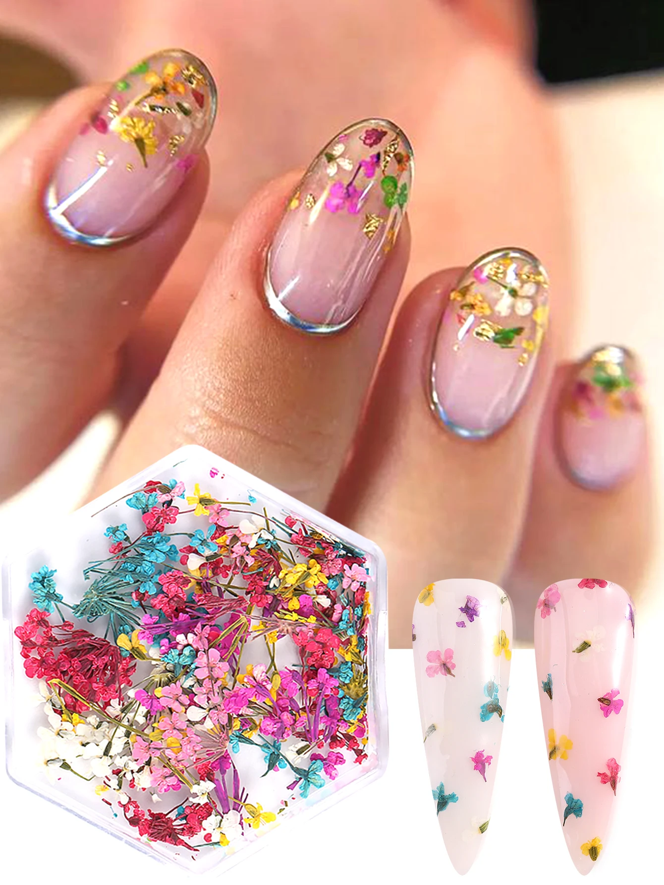 Gemischte Bunte Natürliche Blumen Nagelkunst-Charms Klein-Blau Gelb Rot Fünfblättrige Blume Natürliche Florale Maniküre-Accessoires