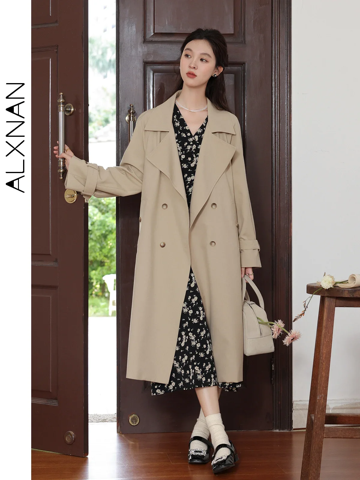 

ALXNAN Women's Long Trench Coat 2025 Autumn Winter Khaki Lapel Single Breasted Long Sleeve Casual Outerwear LXN31219