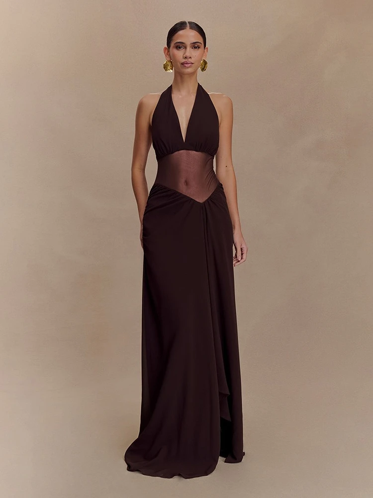 Abito sexy senza schienale con scollo a V in tinta unita stile americano Abito sexy senza maniche in rete trasparente alla moda Clubwear sottile fino al pavimento