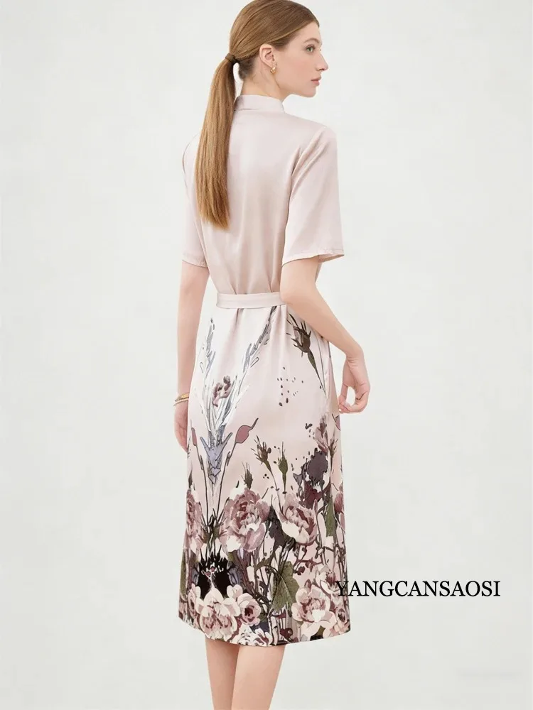 2026 Women's Fashion Spring/Autumn New 91.8% Natural Mulberry Silk Elastic Satin Stand-up Short Sleeve Printed Party Dress