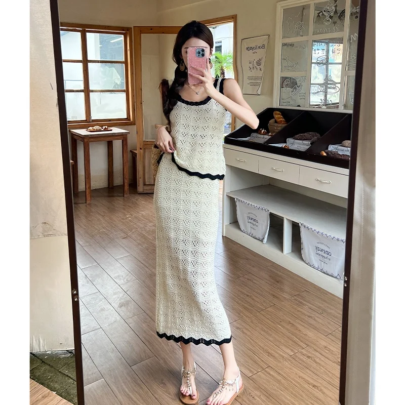 

Вязаный свитер Ele с вырезами и юбка с цветочным принтом на крючках, женский летний комплект Senation Holiday Sle Beautiful A...