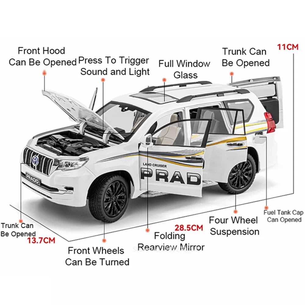 1:18 TOYOTA PRADO Toys Alloy Miniature Model Diecast Cars 6 Doors Opened Sound Light Pull Back Vehice Friend's Birthday Toy Gift