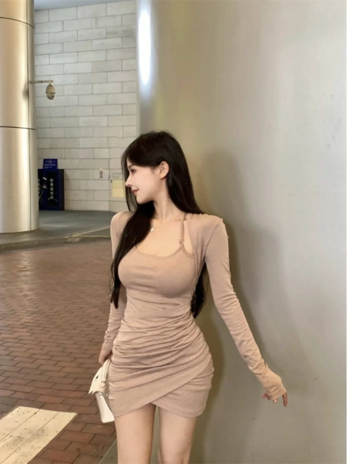 Fall New Style Pure Desire Hanging Neck Dress Spicy Girl Waist Cinching Long Sleeve Slim Fit Short Skirt Korean Style Commute