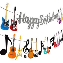 Guitar Birthday Party Banner Decorated with 2 guitar cutout banners suitable for rock guitar baby shower supplies