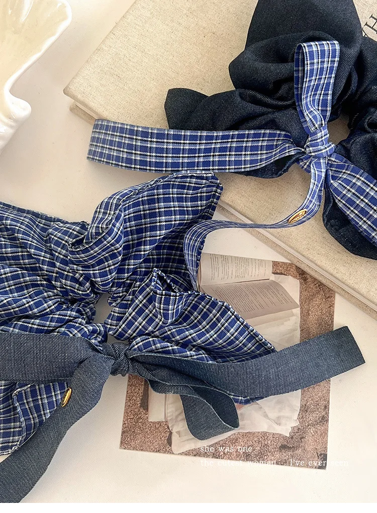 Bow Denim Blue Plaid Square Towel Large Intestine Hair Band Femininity Square Hair Accessories Headrope Rubber Band
