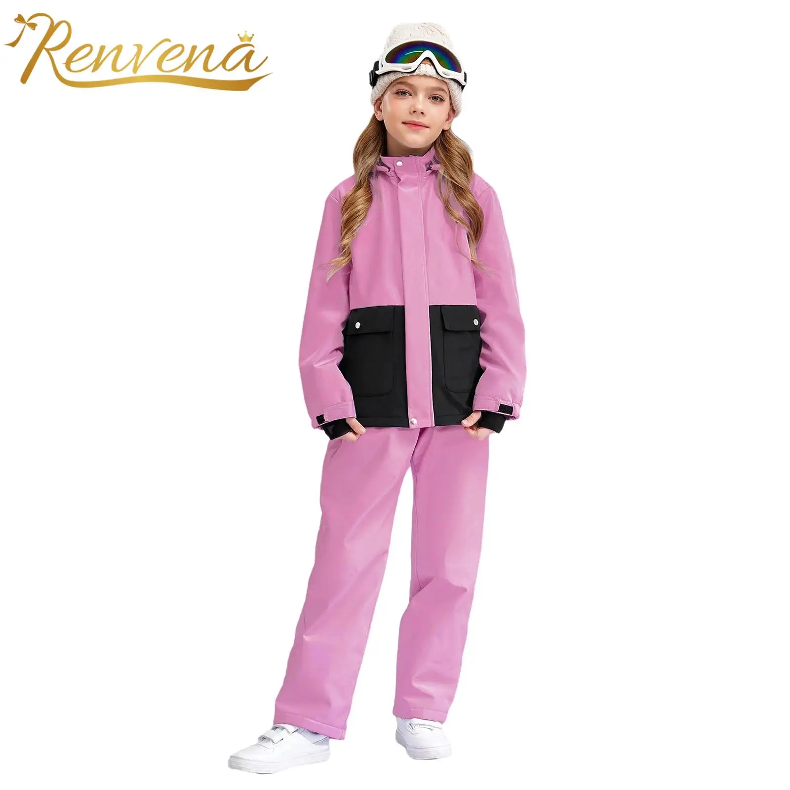 Girls Skiing Suit Ski Jacket Kids Hooded Coat with Pants Snowboarding Outfits for Outdoor Snow Sports Sportwear Sets Snow Suits