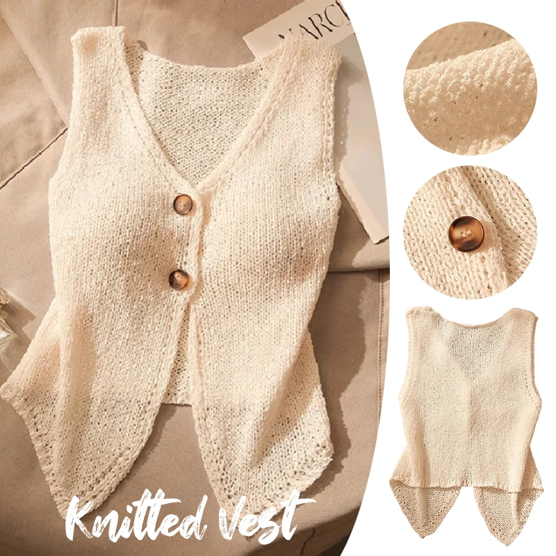 

Women Summer Sleeveless Knitted Camisole Solid Color V Neck Button Tank Top Chic Casual Clothing for Ladies Fashion Blouse
