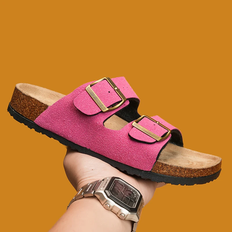 Ladies Cork Slippers With Double Buckle Adjustable Two Straps Suede Leather Clogs Comfort Footbed Slip On Flat Sandals Women view 5