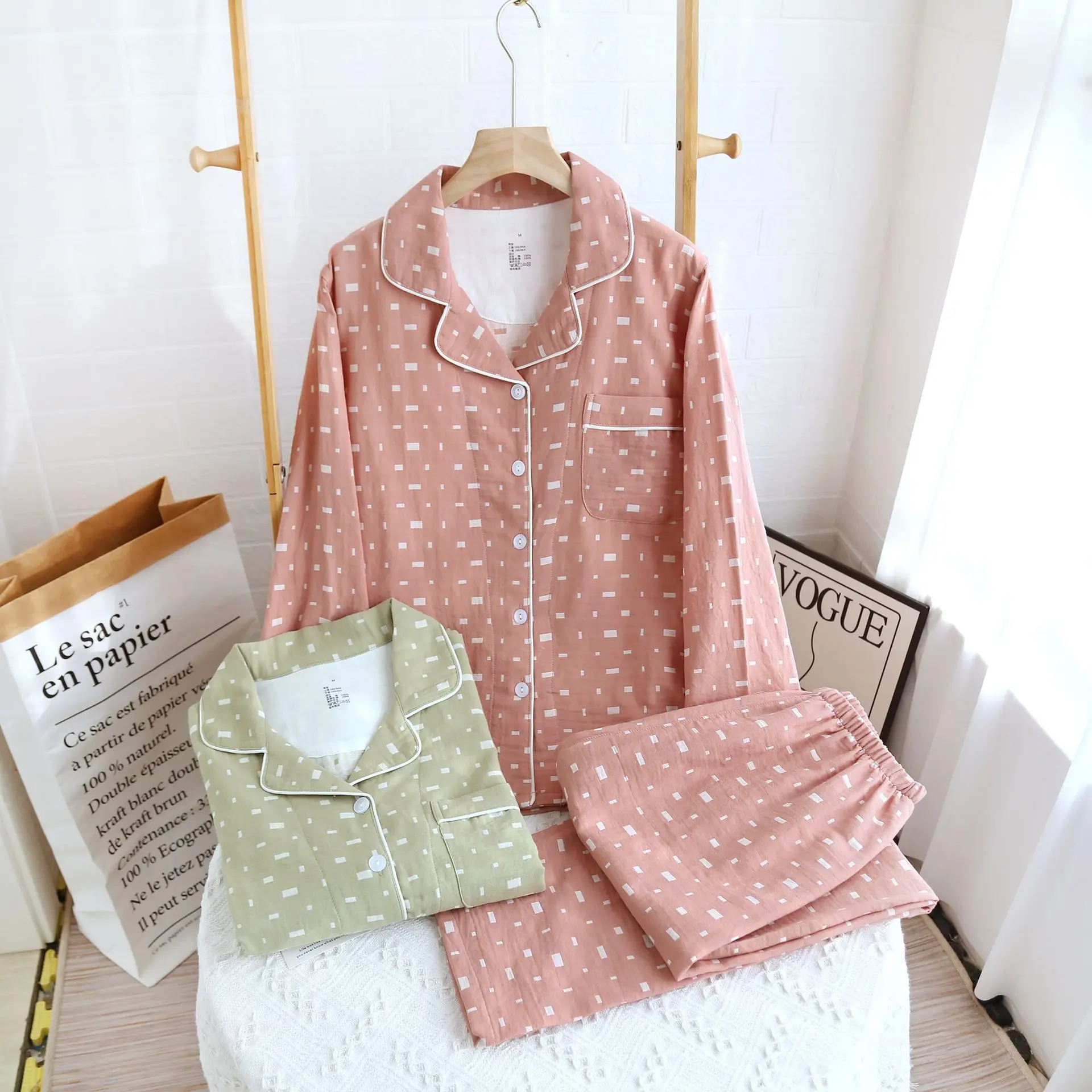 

Women's Yarn-Dyed Cotton Pajama Set Spring Fall Long Sleeve Open Front Loungewear Soft & Breathable Sleepwear Home Outfit