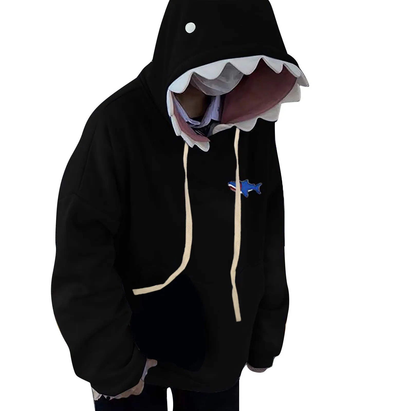 Sweats à capuche requin Kawaii pour femmes, manches longues, sweat-shirt document solide, pull à capuche surdimensionné bleu, style japonais