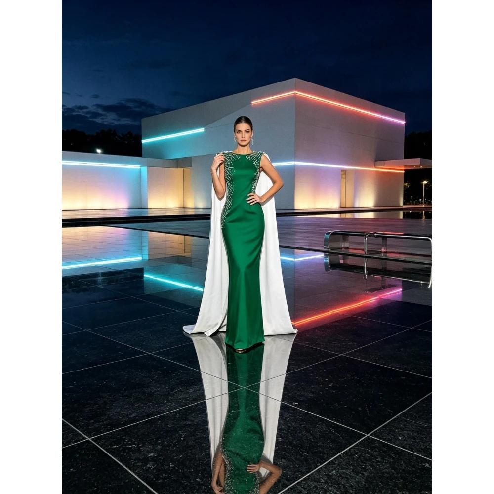 Customized Elegant Boat Age Beaded Cape Evening Gown 2026 Luxurious Sleeveless Slim Fit Mermaid Party Dress Suitable for Dances