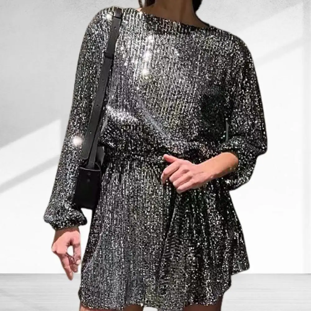 A-line Silhouette Dress Mini abito con paillettes scintillanti con dettagli allacciati per le donne Shiny girocollo manica lunga vita stretta Party