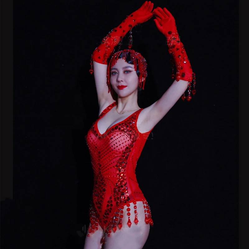 Nowy kostium Bar Nightclub DJ DS Gogo Full Rhinestones Red Bodysuit Gloves Women Pole Dance Clothing Stage Performance Wear Set