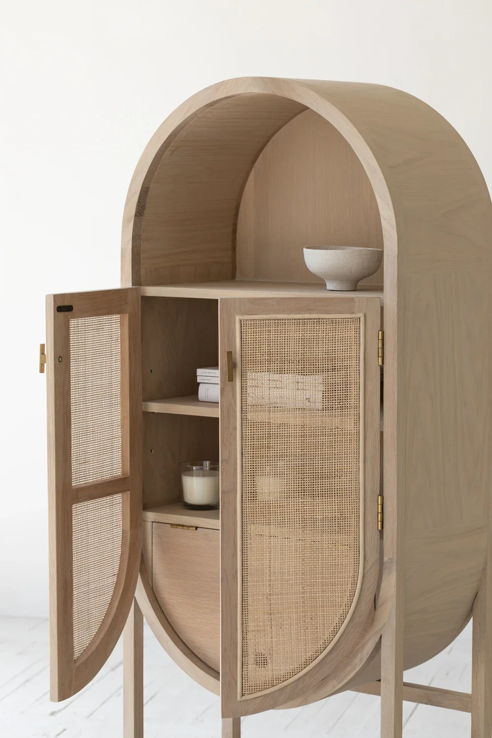 

#For Natural boho organic rattan furniture multi-functional curved modern cabinet oak wooden rattan cabinet living room cabinets