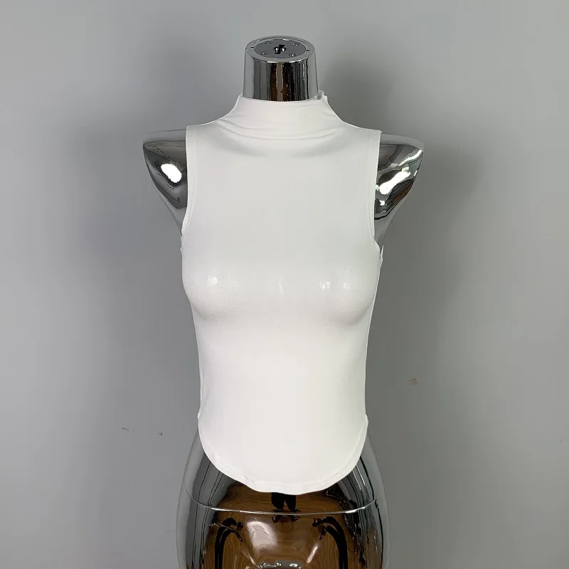 2026 Summer Fashion Solid Color Versatile Tank Top Korean Sexy See-through Women Crop Top Slim Curved Hem Turtleneck Camisole