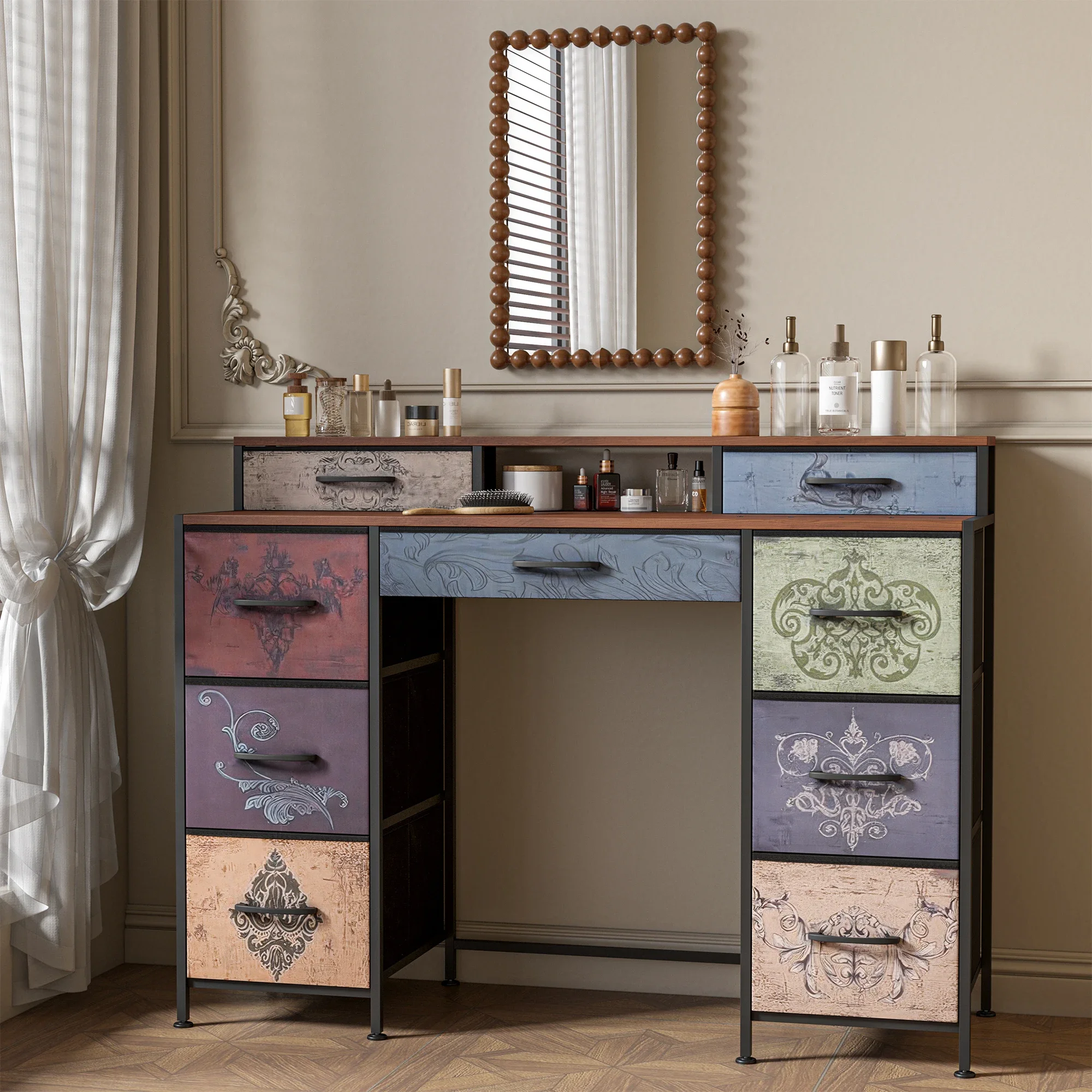 طاولة زينة Rosahqnda مع 9 أدراج، خزانة ذات أدراج، خزانة ذات أدراج قماشية، إطار معدني، أدراج قماش 121x40x91.2 سم