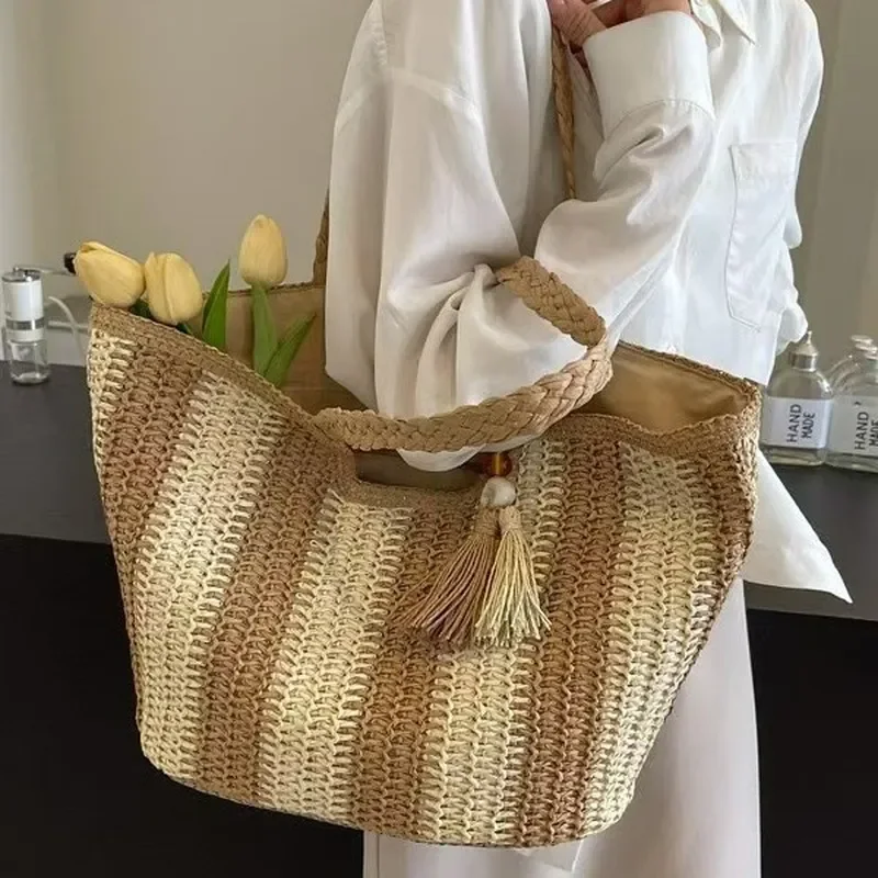 Striped woven straw tote bag for women large capacity beach vacation handbag seaside summer accessory view 4