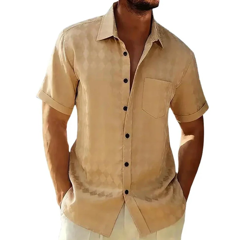 Men's Summer Fashion Satin Diamond Grid Short Sleeve Shirt Casual Solid Beach Holiday Shirts Stylish Smooth Silk Mens Shirt
