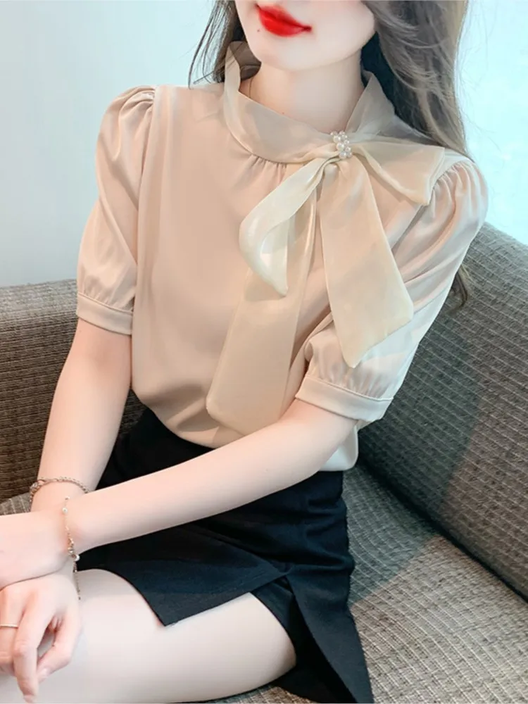 Fashion Bow Collar Apricot Chiffon Blouse Shirt Women Tops Blusas Mujer De Moda Verano Short Sleeve Blouse Women Blusa