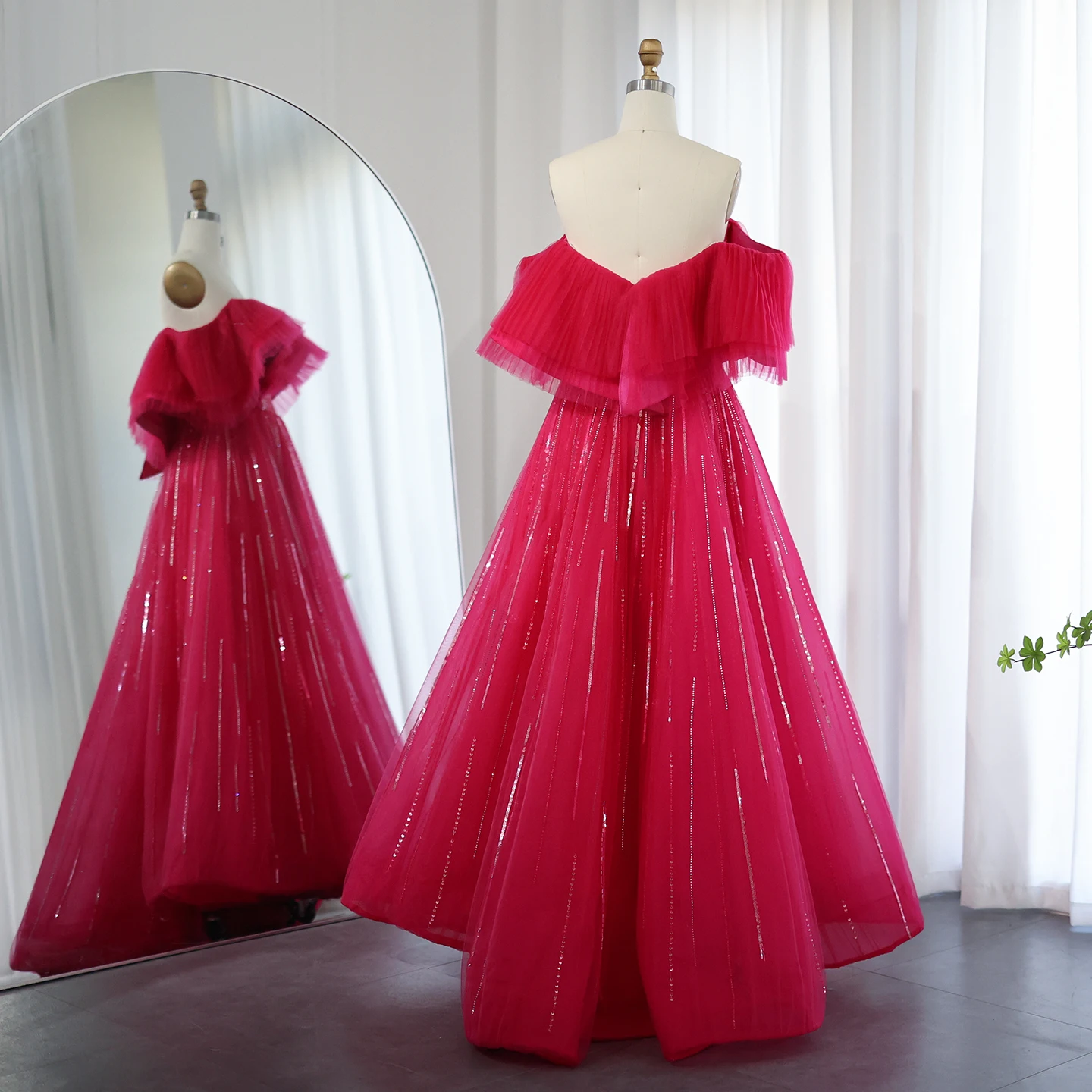 Sharon Said Luxury Dubai Ball Gown Fuchsia Evening Dress for Women Wedding Off Shoulder Celebrity Party Gown SS390 Customized