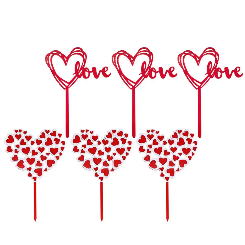 

6 Pcs Birthday Cake Toppers Romantic Heart Shape Acrylic Cupcake Picks Valentine Party Supplies Dessert Decorations
