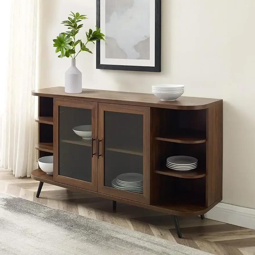 

Modern Fluted Door Curved End Sideboard, 58 Inch, Dark Walnut