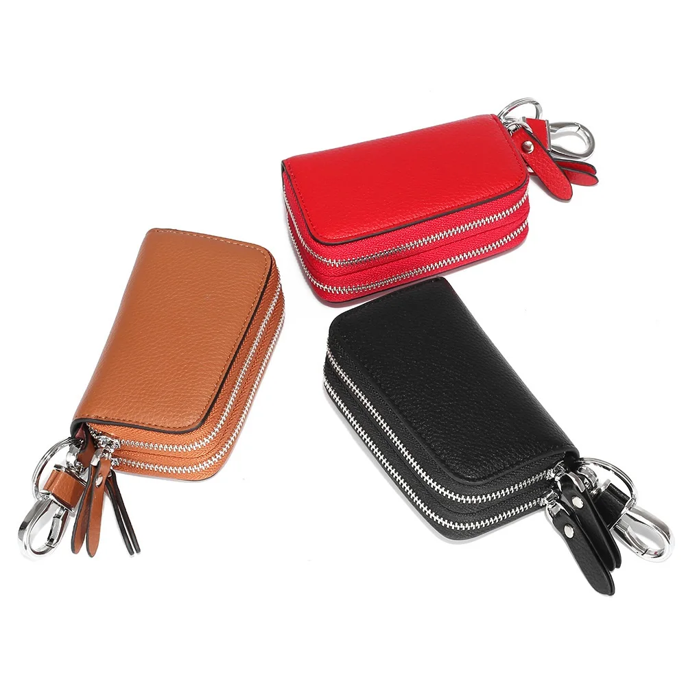 Car Key Case Holder Double Zipper, Leather Car Smart Key Fob Case with Keychain for Men and Women