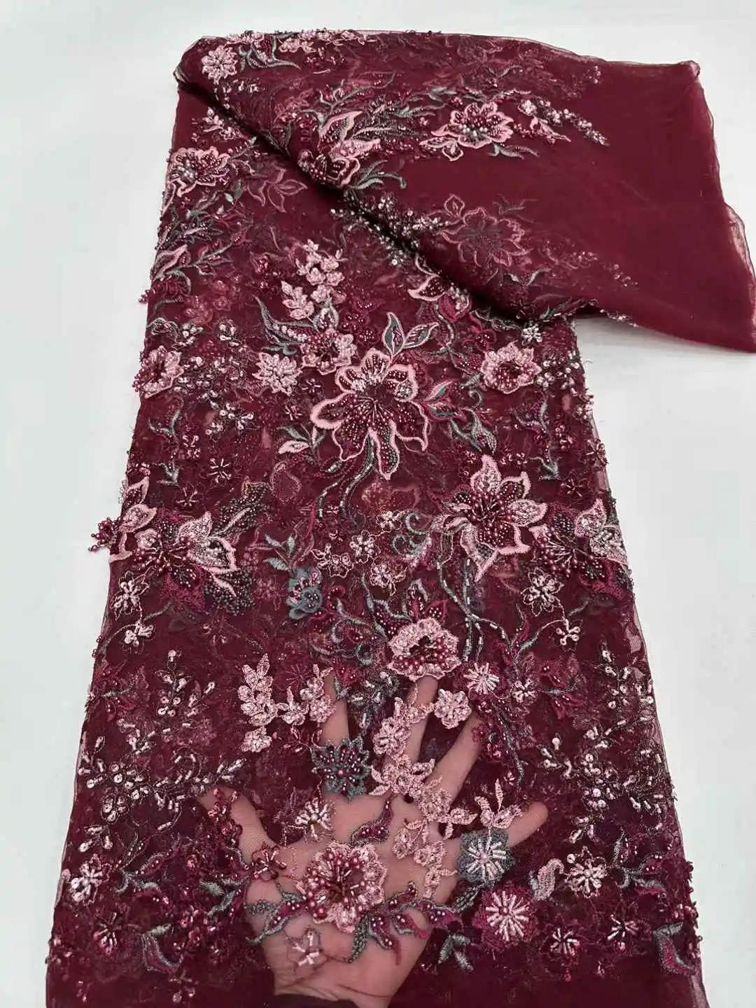 African Lace Fabric 2025 Handmade Beaded Lace Fabric France Sequins Nigerian Embroidery Bridal Mesh Lace Fabric For Sewing