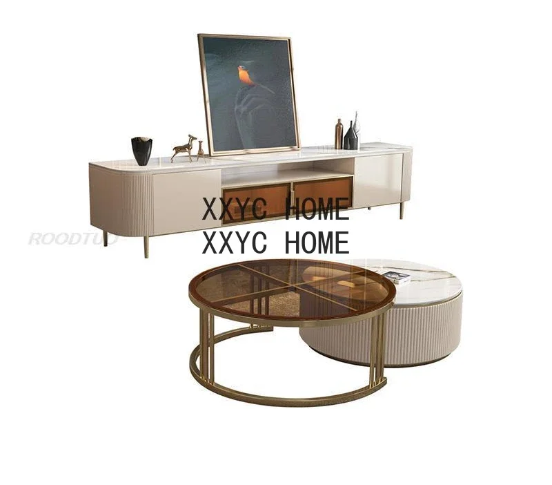 

Roodtuo Minimalist Cabinet Set Circle Shape Multi-Layer Drawer Pine Wood Led Light Included Luxury Design Tv And Coffee Table