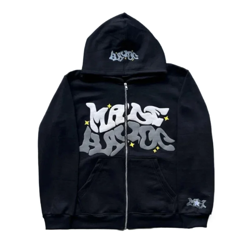 سويت شيرت بغطاء للرأس بسحاب مع حروف وأجسام أمريكية قديمة مناسبة للرجال والنساء سترة خريفية وشتوية #1