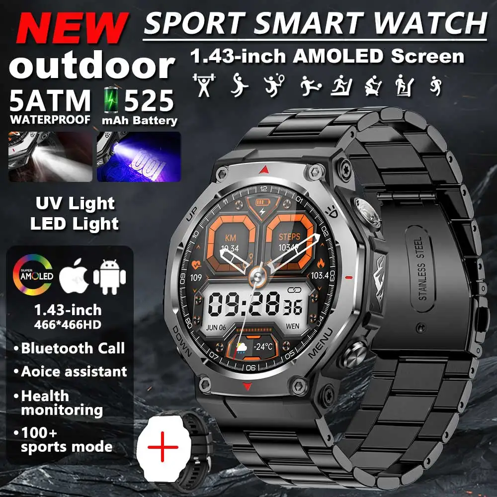 

T-Rex3 Смарт-часы 2025 для Xiaomi Военные умные часы Мужские 5ATM Водонепроницаемые 100 спортивных режимов Светодиодные/УФ-светодиодные часы с Bluetooth-вызовом