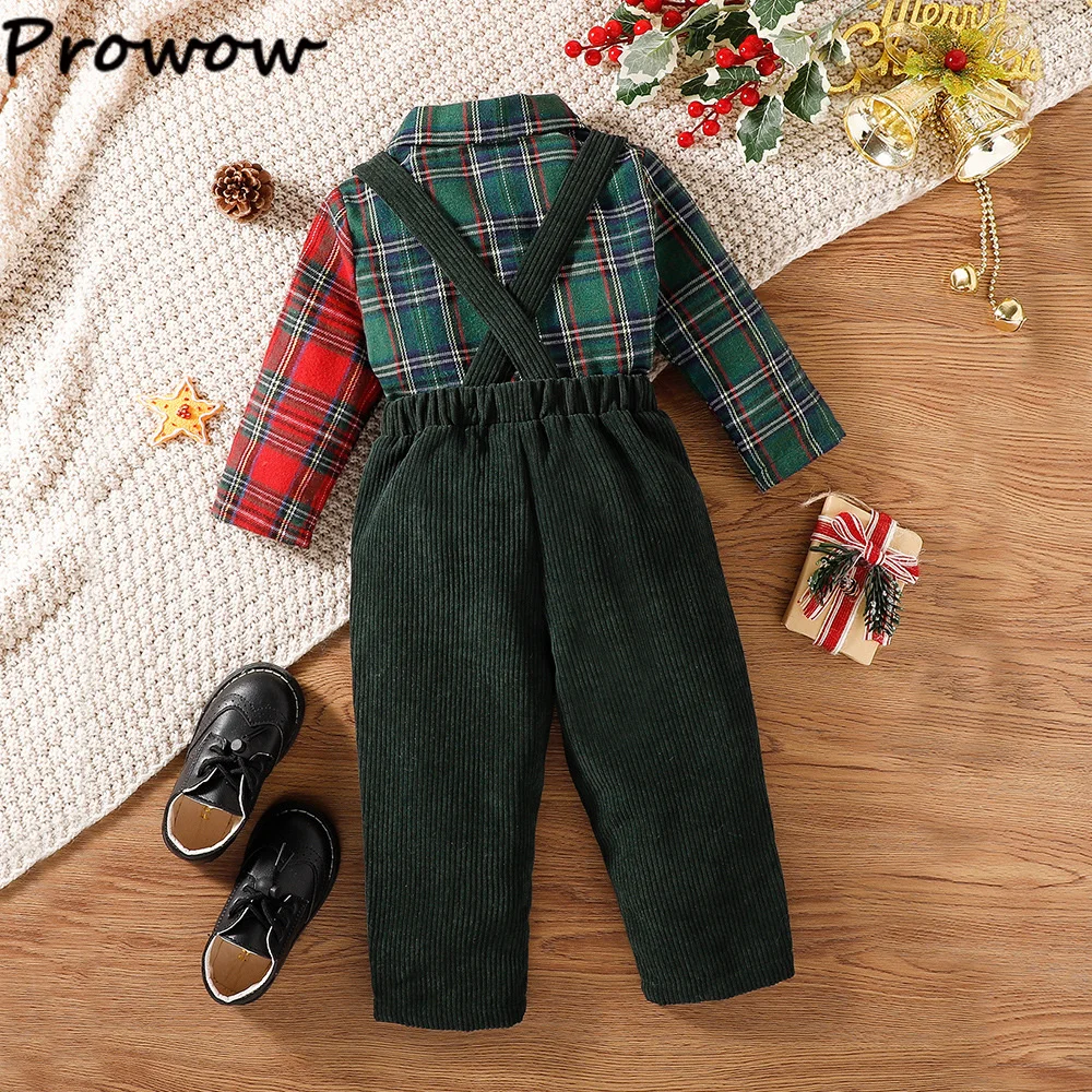 Baby Boy Christmas Outfits Party Gentleman Necktie Plaid Shirts and Green Corduroy Overalls Pants Kids New Year Toddler Costume