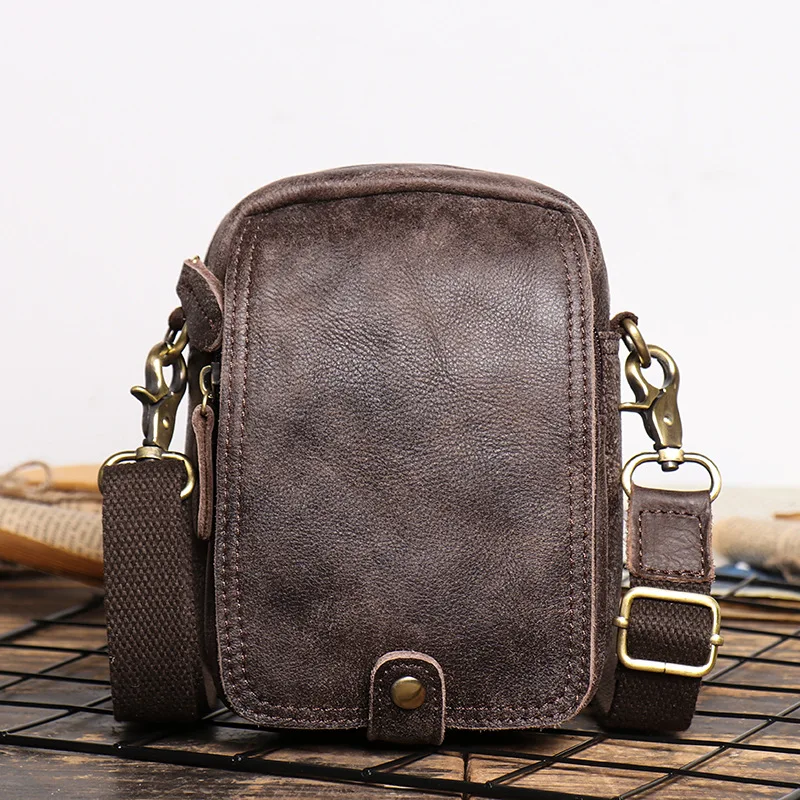 Men Vintage Genuine Leather Shoulder Bag Matte Cowhide Waist Bag With Belt Loop Multi-functional Cell Phone Crossbody Bag