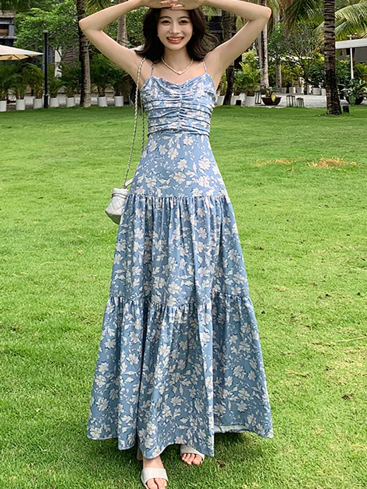 Boho Abito lungo con stampa floreale Donna 2025 Nuova estate Sexy Backless Bowknot Casual Vacanza Beach Stampa Abito lungo Robe