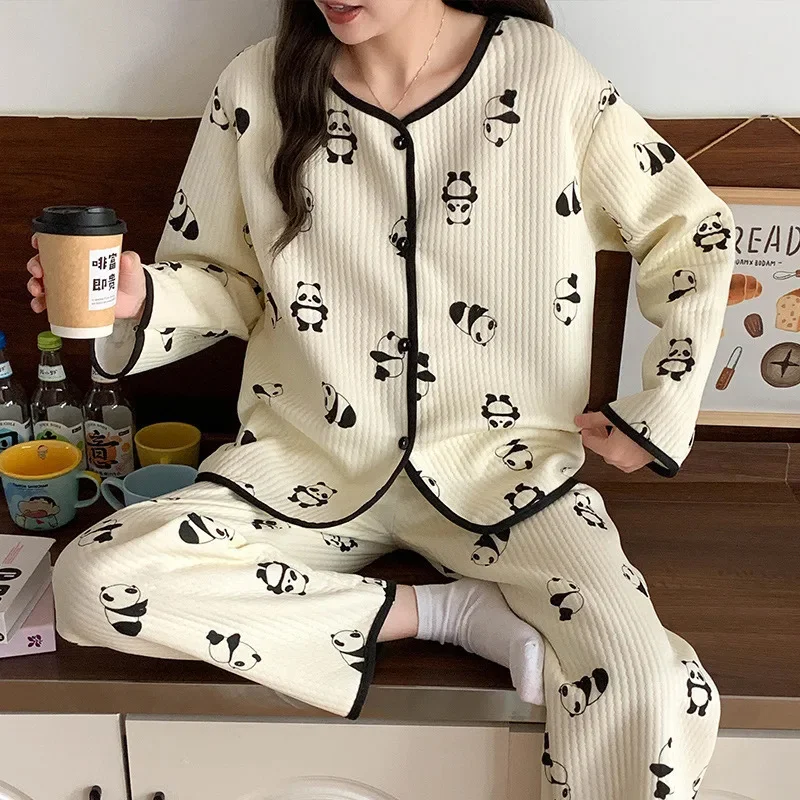 Bear Flower Print Pajamas Y2K Cardigan Princess Air Cotton Sandwich Pajamas Girls Cute Sweet Warm Loose Home Wear Set Hair New