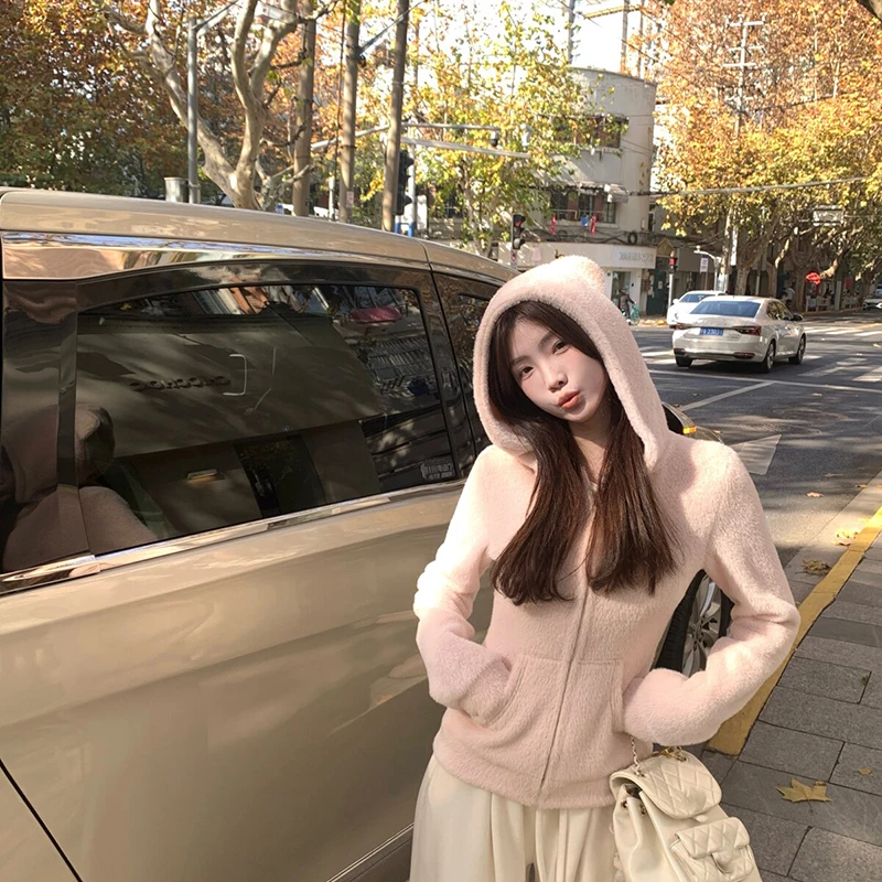 Cute Bear Ear Hooded Warm Plush Jacket for Women Autumn Winter Slim Fit Thick Outerwear Woman Casual Solid Zipper Sweatshirt