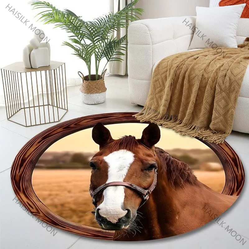 Multiple sizes Horse with round wooden frame Print Round Carpet Living Room Bedroom Table Chair Sofa Decorative Carpet